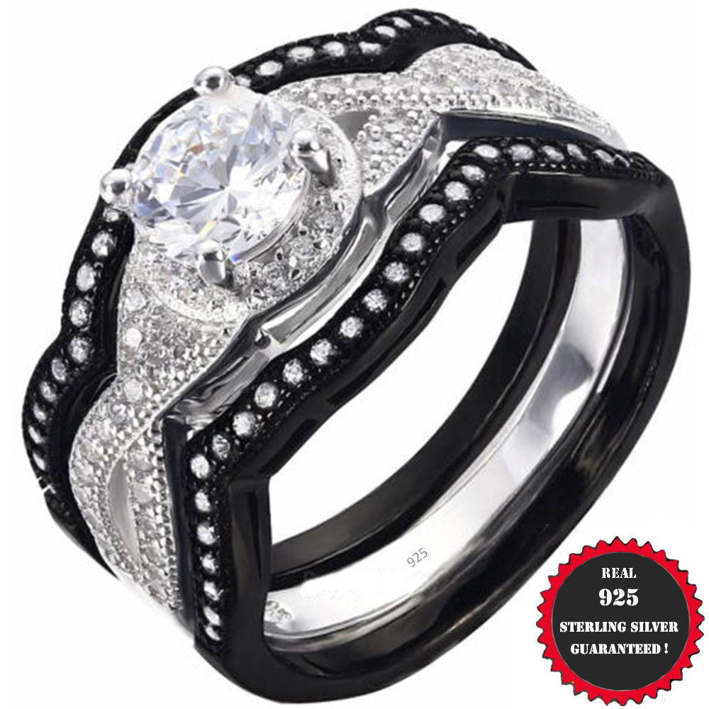 Real 925 Sterling Silver Wedding 3pc Cubic Zirconia set black and white Ring