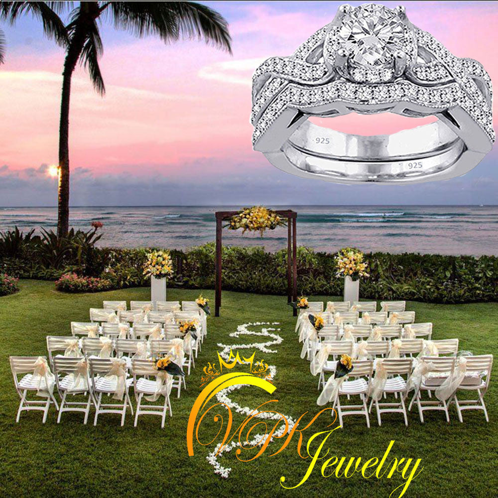 Real 925 Sterling Silver Wedding set Ring Women Band Rings Cubic Zirconia