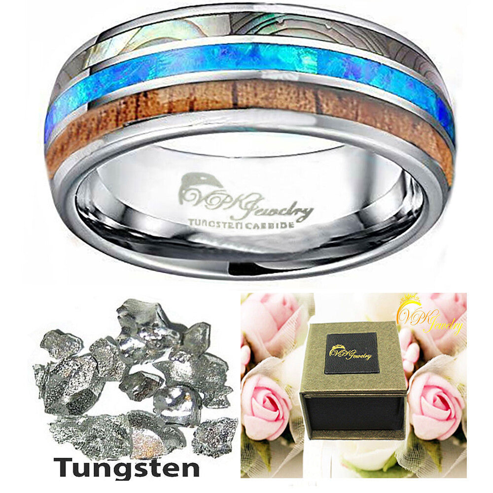 VPKJewelry Tungsten Men Women Wedding Band Ring Opal Abalone shell Wood box