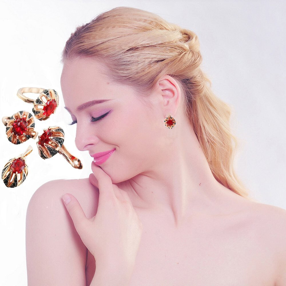 Russian Earring Ring Pendant Real 925 Sterling Silver set Rose 14k Gold Plated