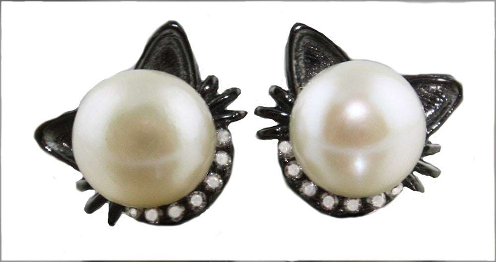Women Real 925 Sterling Silver Cat Stud Pearl Smal Earrings Black White Yellow