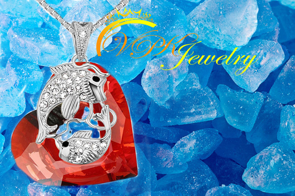 Heart Fish Necklace Pendant Chain made with SWAROVSKI crystal free box