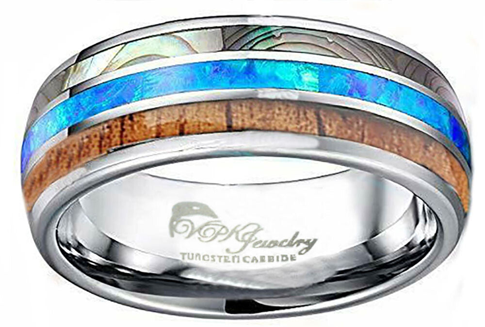 VPKJewelry  Tungsten Men Women Wedding Band Ring Opal Abalone shell Wood  box