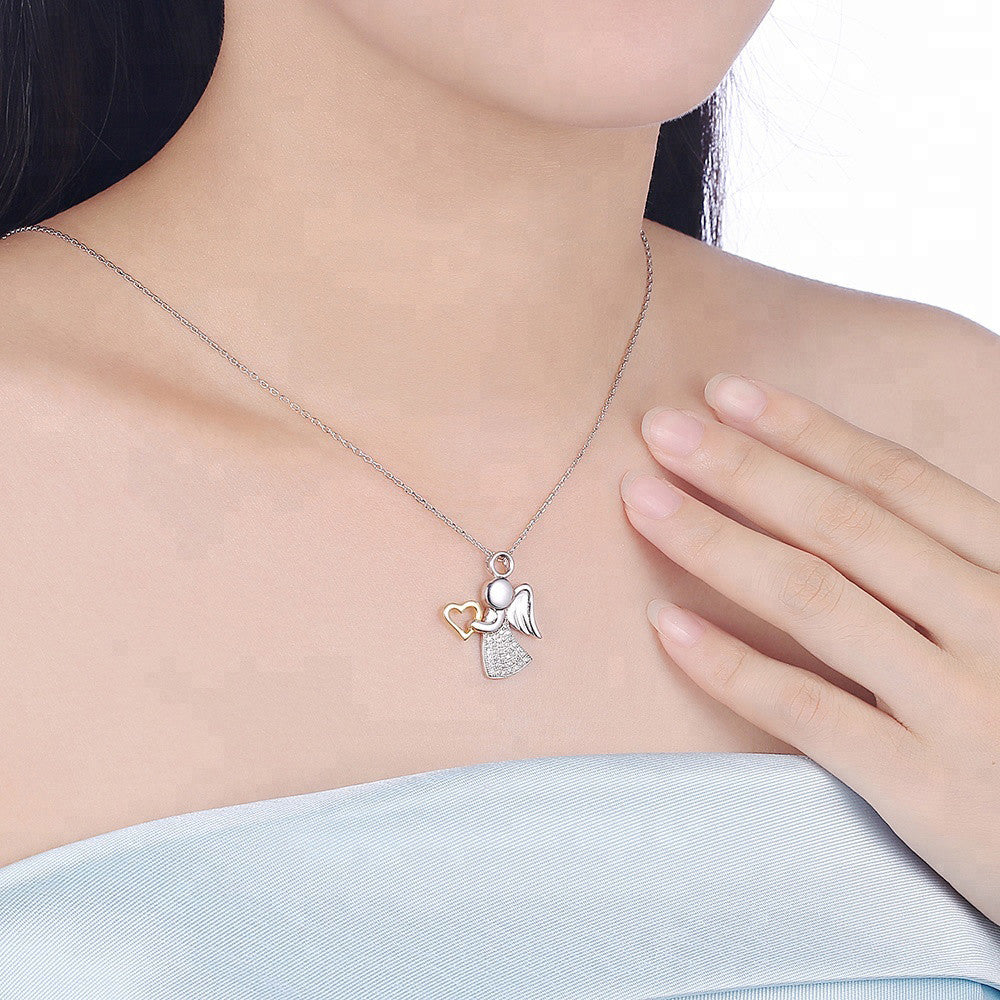 Crystal Angel's Necklace heart real 925 sterling silver 18k Gold plated Pendant