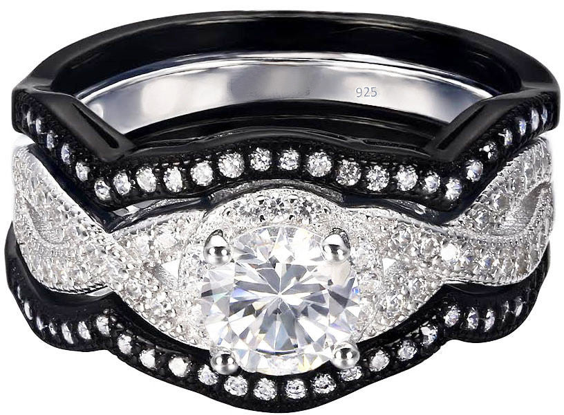 Real 925 Sterling Silver Wedding 3pc Cubic Zirconia set black and white Ring