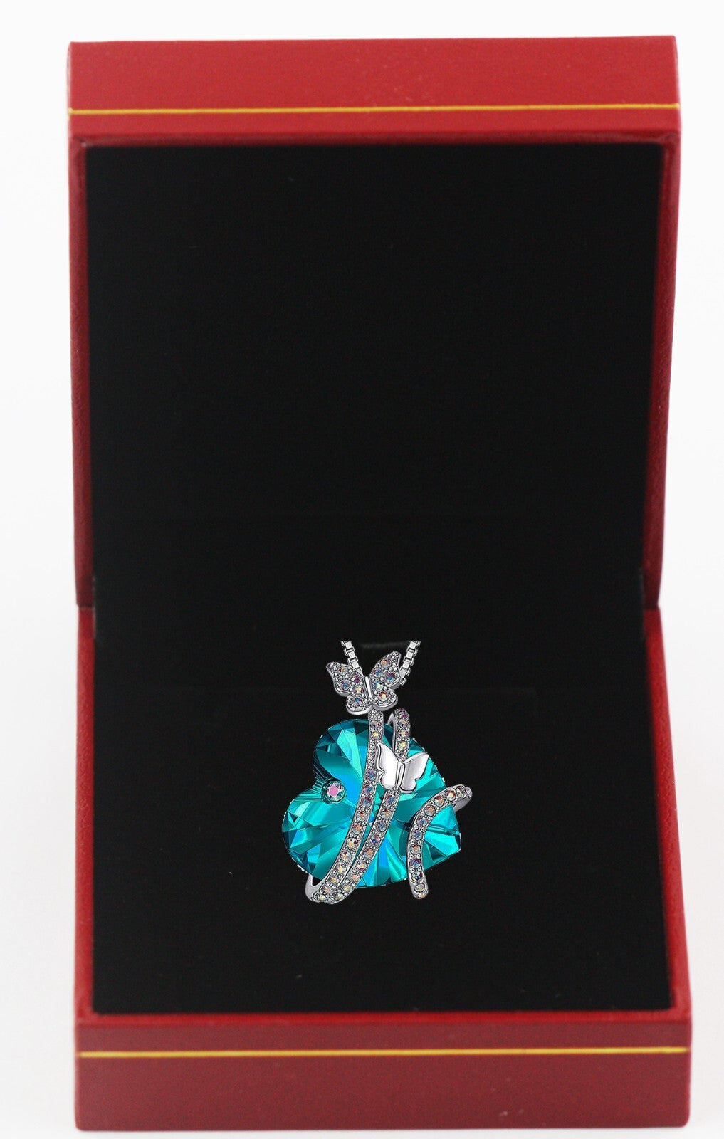 Butterfly Love Necklace Colorful Crystal Heart Pendant Chain Silver Plated box