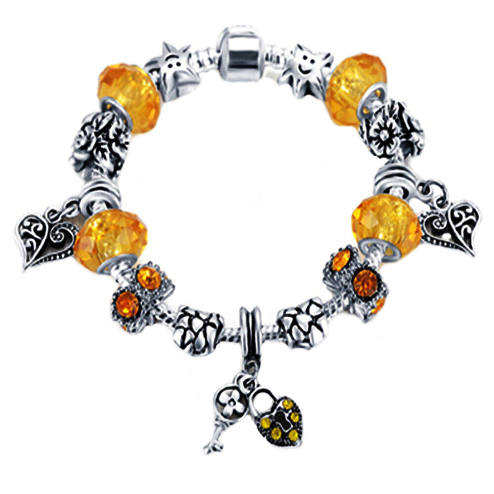 Charm Lock Key Heart European Bracelet Austrian and Murano Crystal  Chain Bead