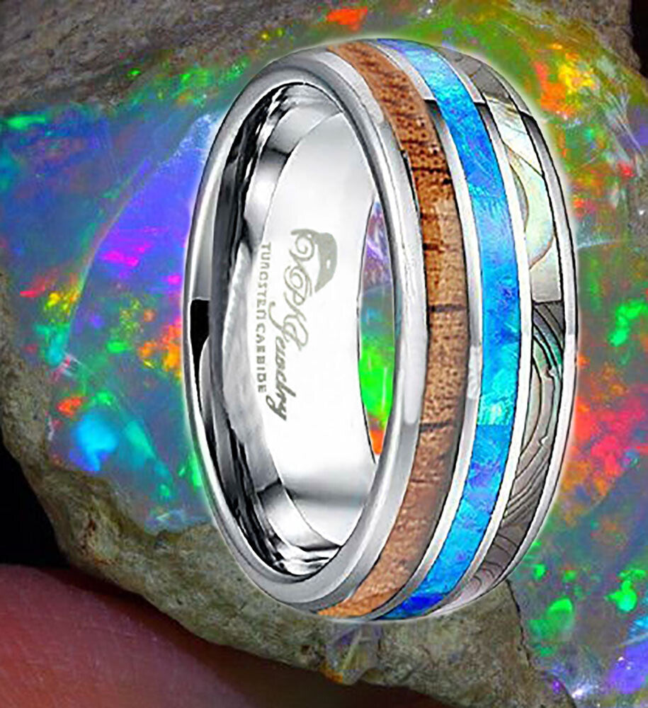 VPKJewelry Tungsten Men Women Wedding Band Ring Opal Abalone shell Wood box