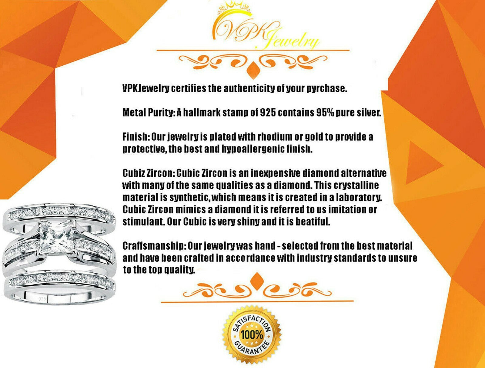 Womens Real 925 sterling silver Cubic Zirconia Wedding Ring 3pc Set Sz 4-11.5