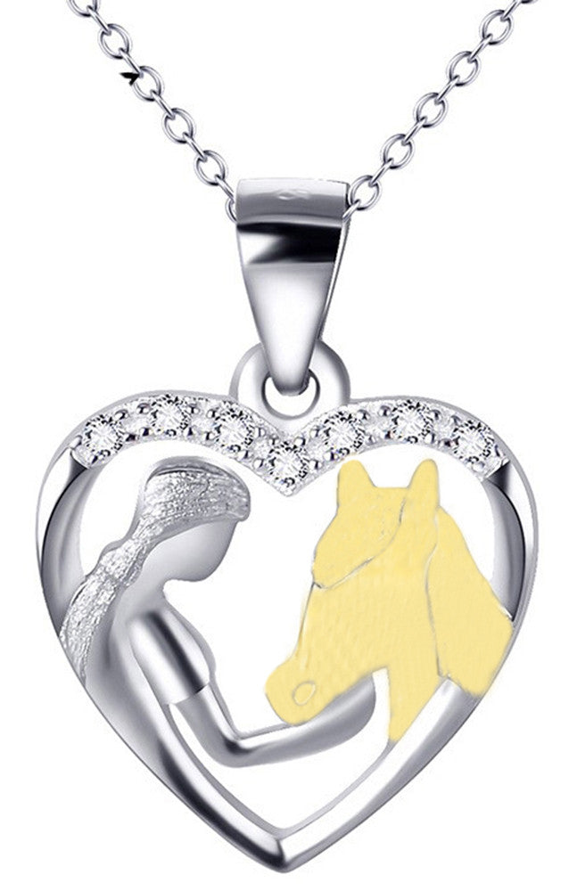 Horse Girl Necklace  Heart 925 sterling silver 14k gold plat Pendant 16'' chain
