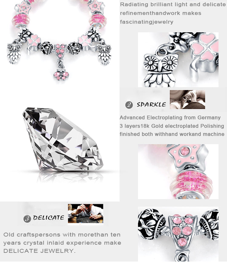 VPKJewelry Charm Owl European Silver Metal Bracelet Austrian @ Murano Crystal
