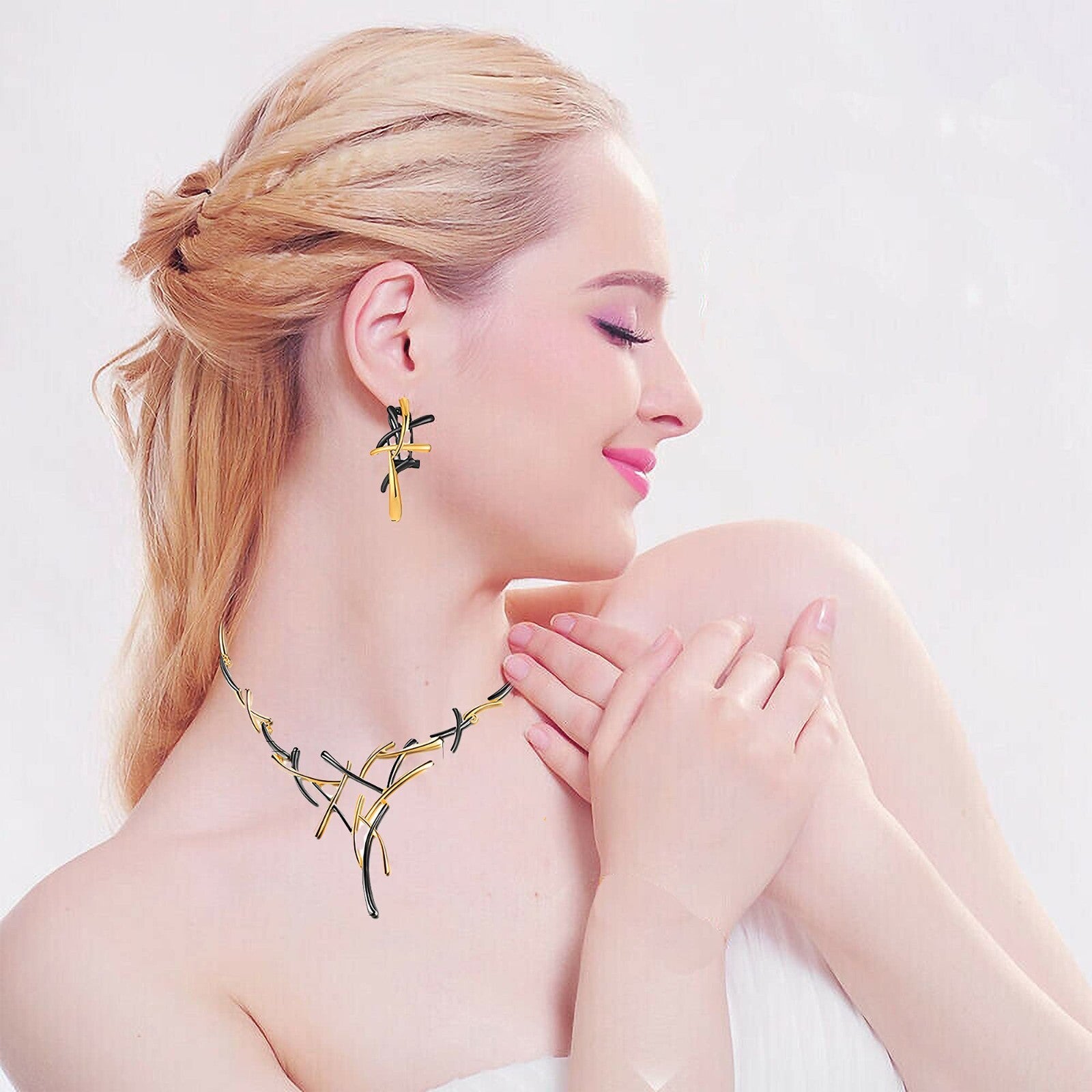 14k gold Earrings Necklace Yellow Black plated Women's Girls Love Set