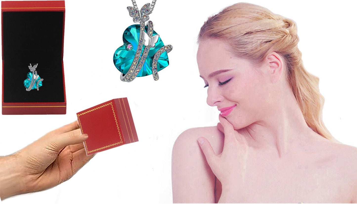 Butterfly Love Necklace Colorful Crystal Heart Pendant Chain Silver Plated box