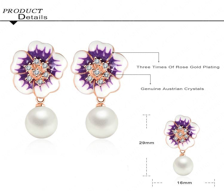 VPKJewelry 18k rose gold plated Austrian crystal enameled pearl flower earring