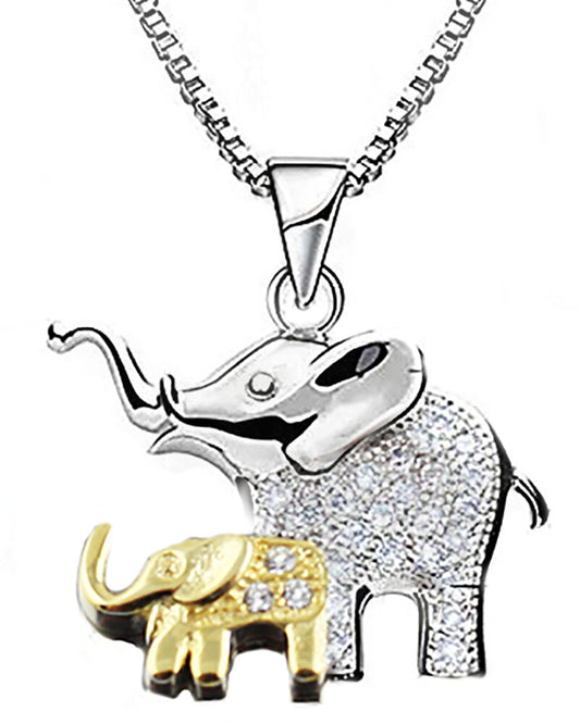 Mom @ Baby Elephant Necklace Crystal Real 925 silver Pendant 18k Gold plated