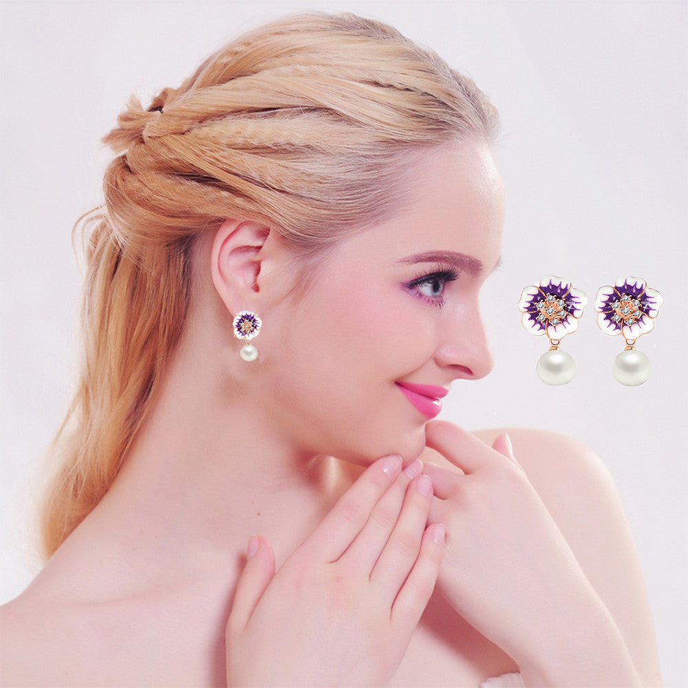 VPKJewelry 18k rose gold plated Austrian crystal enameled pearl flower earring
