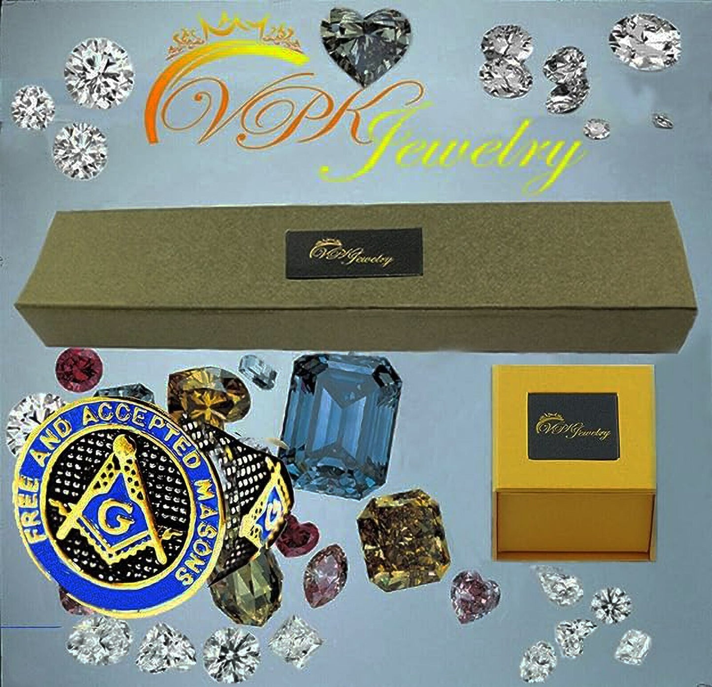 Mason Ring Masonic Freemason Master Men Stainless Steel Blue Enamel Gold plated