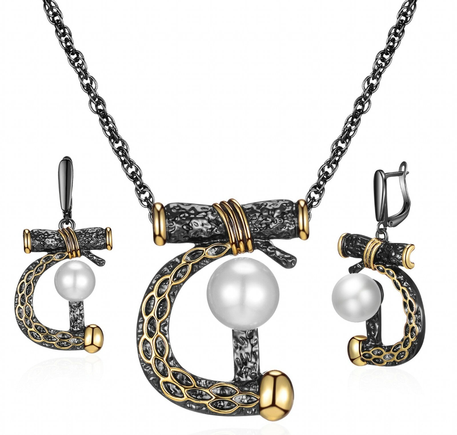 Love Big Set Women's Earrings Necklace Chain Pearl 18k black white black plated