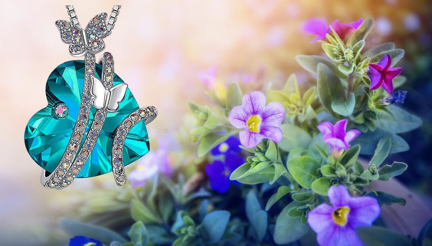 Butterfly Love Necklace Colorful Crystal Heart Pendant Chain Silver Plated box
