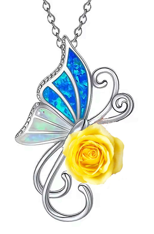 Butterfly Love Necklace Rose Pendant Chain Silver Plated box