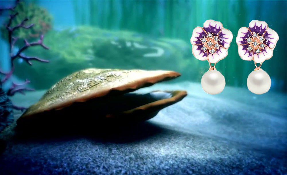 VPKJewelry 18k rose gold plated Austrian crystal enameled pearl flower earring