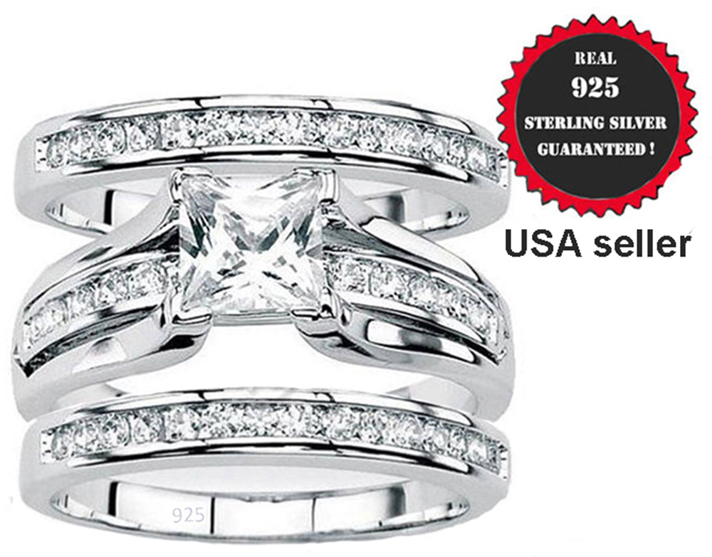 Womens Real 925 sterling silver Cubic Zirconia Wedding Ring 3pc Set Sz 4-11.5