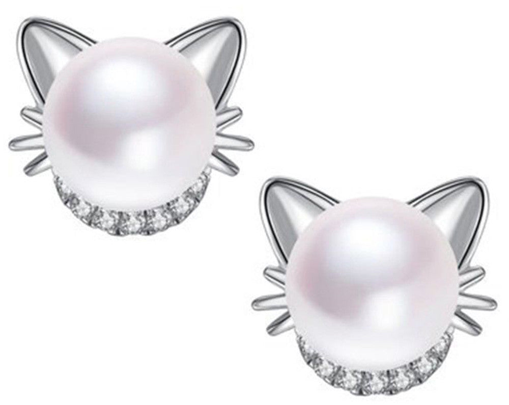 Women Real 925 Sterling Silver Cat Stud Pearl Smal Earrings Black White Yellow