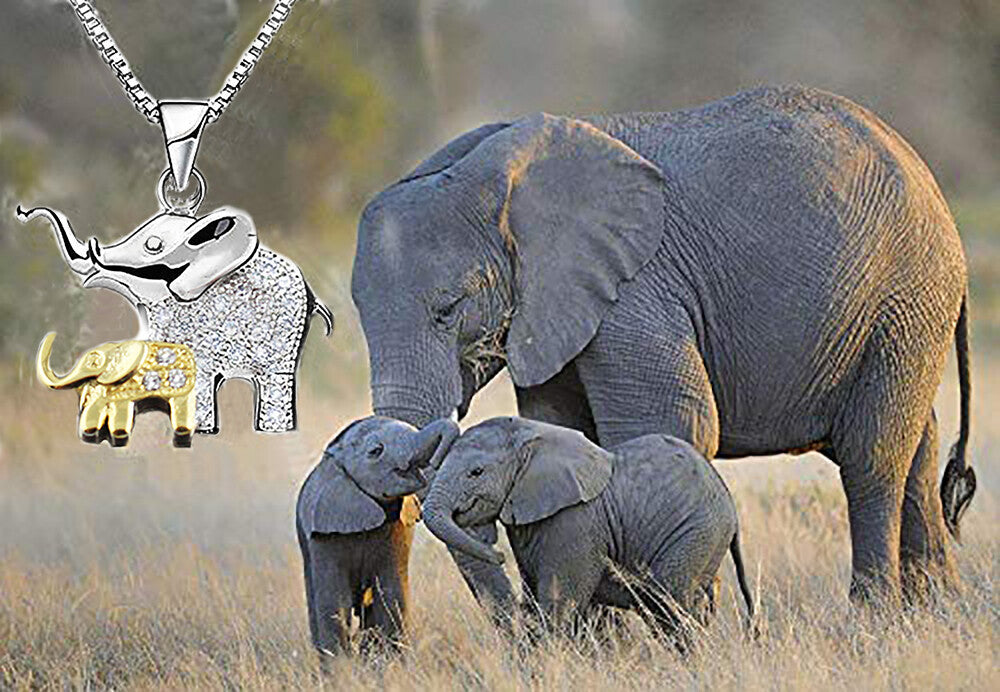 Mom @ Baby Elephant Necklace Crystal Real 925 silver Pendant 18k Gold plated