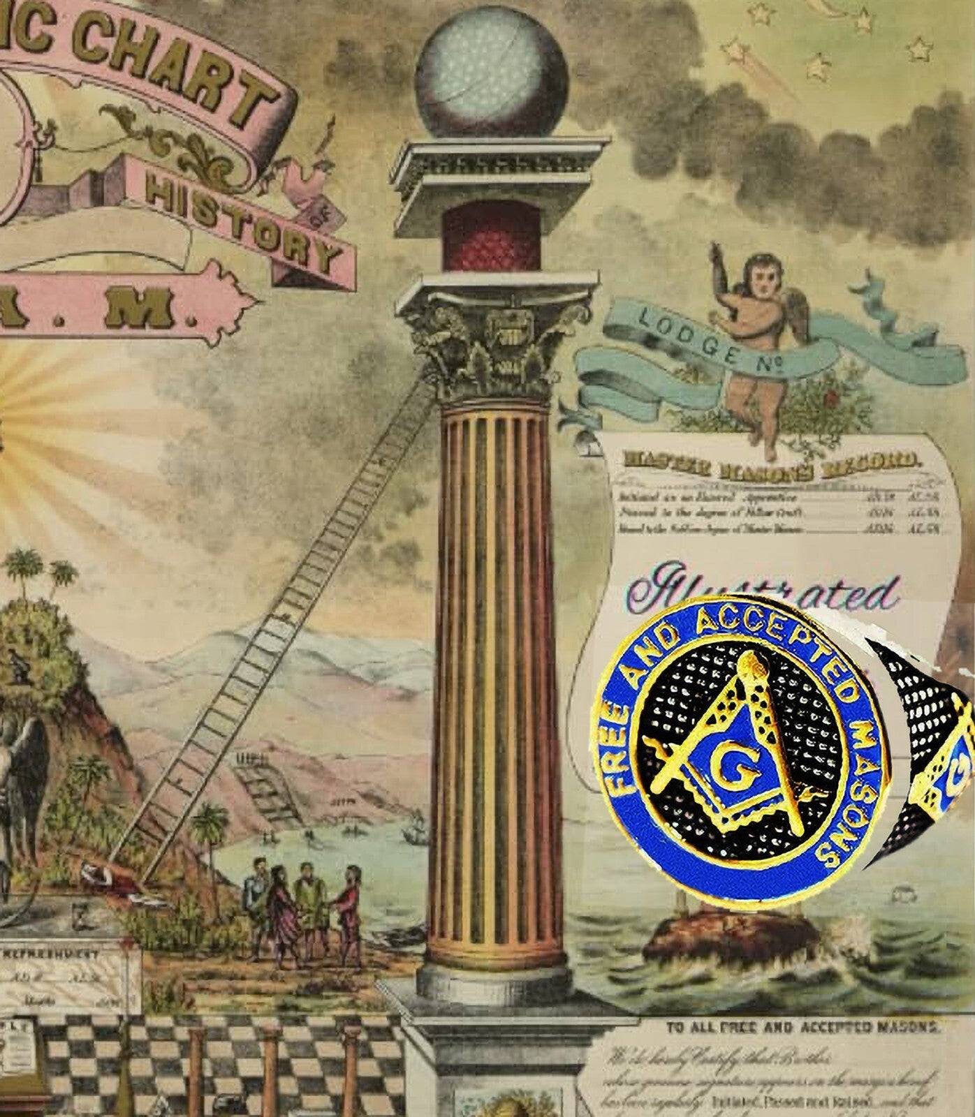 Mason Ring Masonic Freemason Master Men Stainless Steel Blue Enamel Gold plated