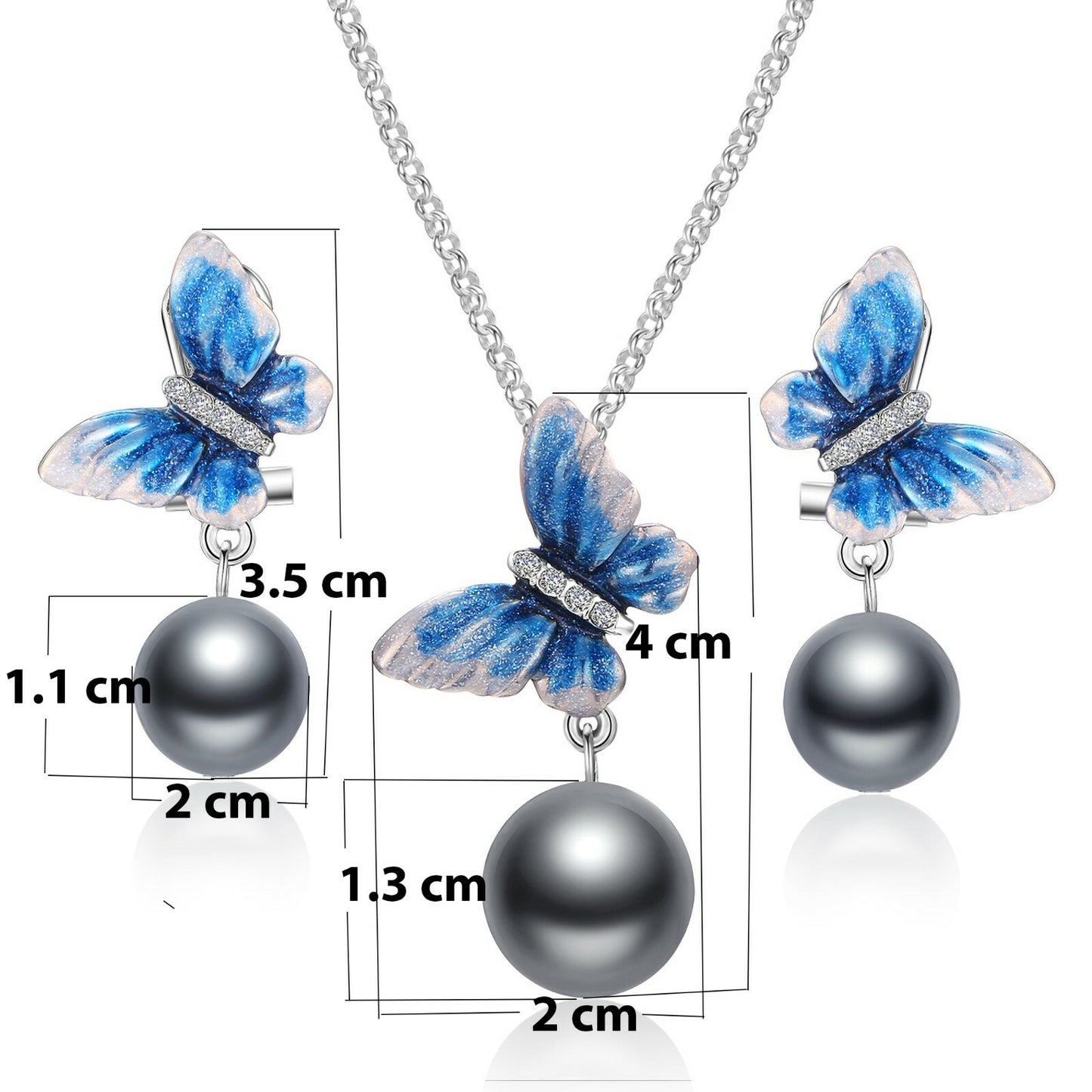 Women's Butterfly Love Set of Earrings Necklace Pearl 14k white gold plated