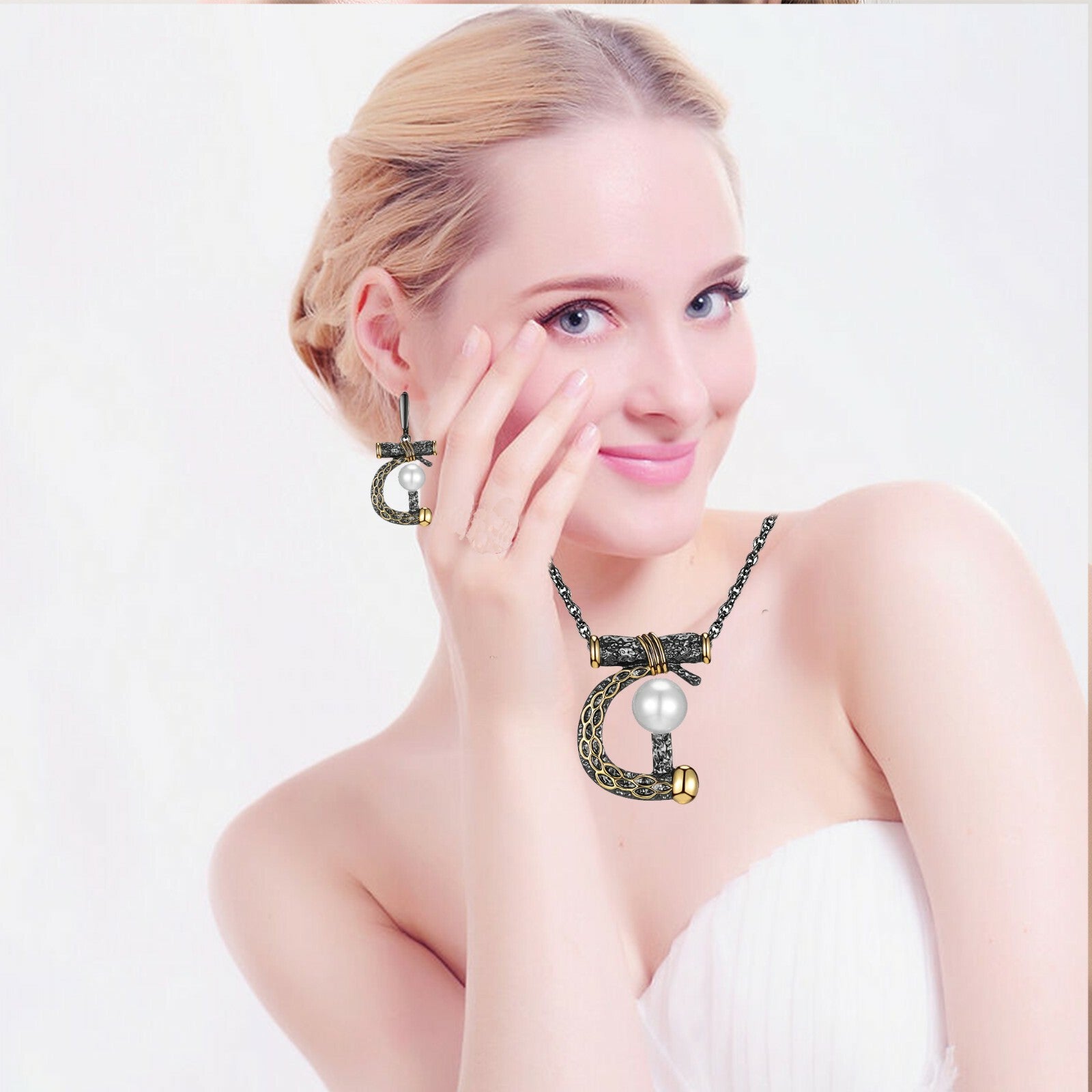 Love Big Set Women's Earrings Necklace Chain Pearl 18k black white black plated