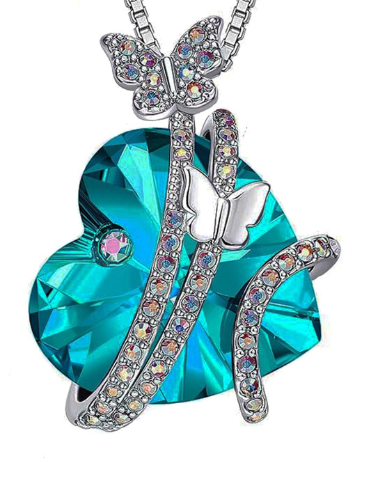 Butterfly Love Necklace Colorful Crystal Heart Pendant Chain Silver Plated box