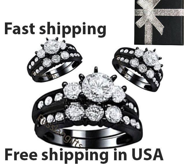 Real 925 sterling silver Cubic Zirconia ring black Women Wedding band US seller