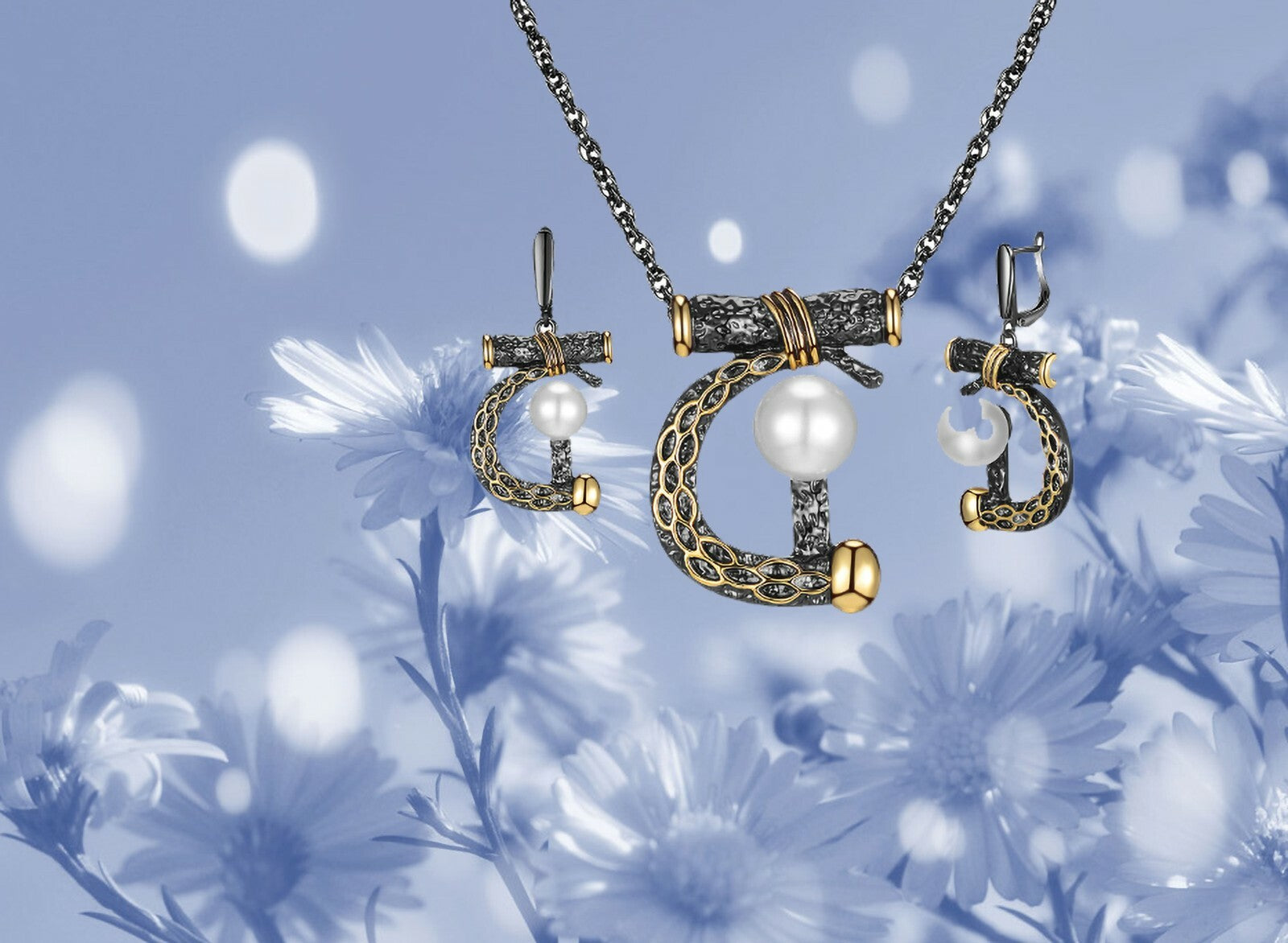 Love Big Set Women's Earrings Necklace Chain Pearl 18k black white black plated