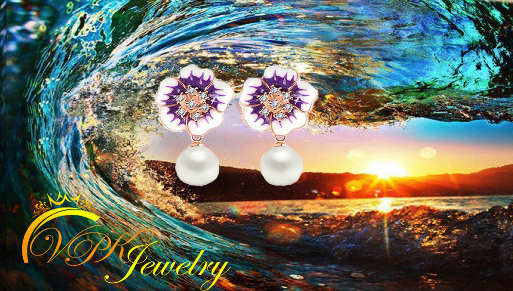 VPKJewelry 18k rose gold plated Austrian crystal enameled pearl flower earring