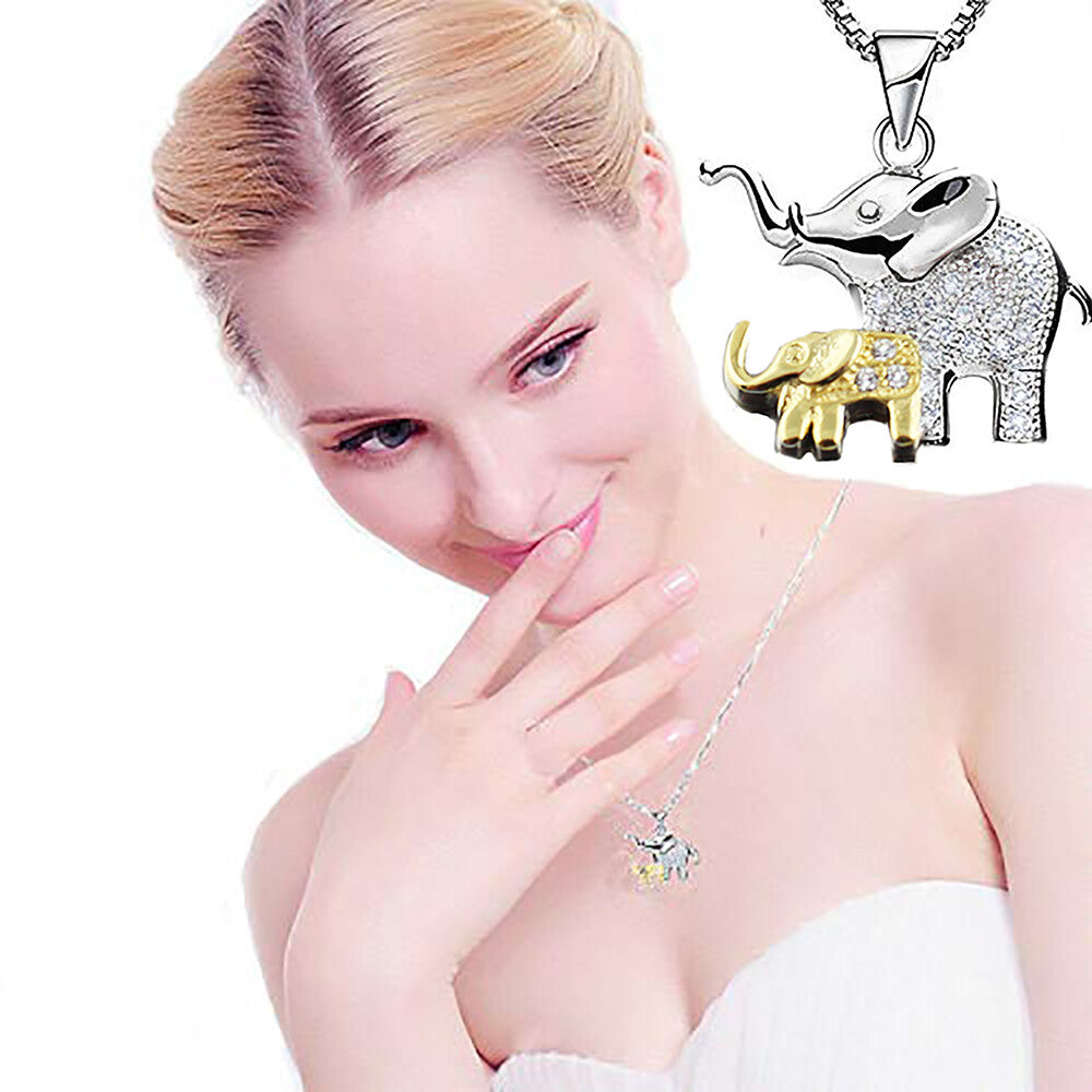 Mom @ Baby Elephant Necklace Crystal Real 925 silver Pendant 18k Gold plated