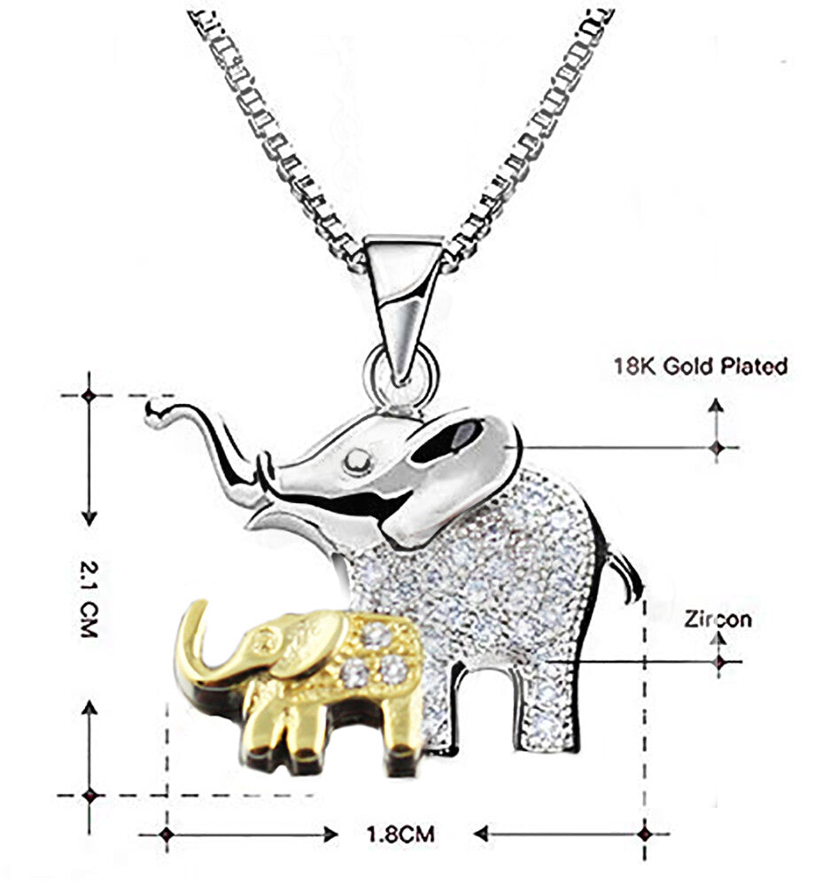 Mom @ Baby Elephant Necklace Crystal Real 925 silver Pendant 18k Gold plated