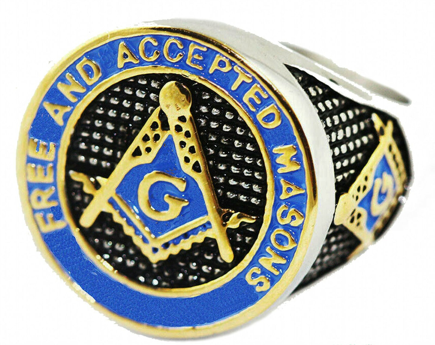 Mason Ring Masonic Freemason Master Men Stainless Steel Blue Enamel Gold plated