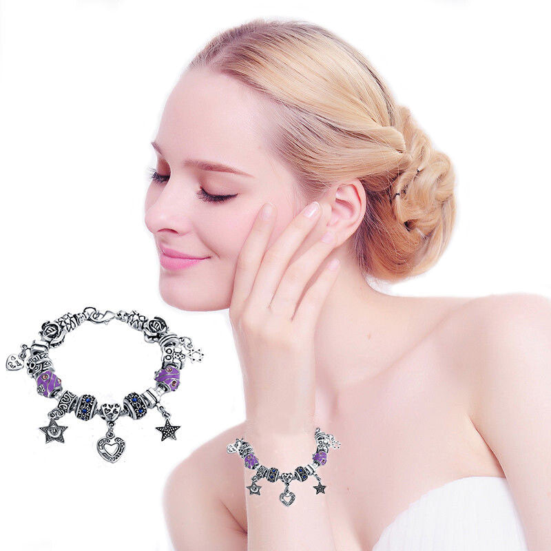 VPKJewelry Charm Hearts Stars Bracelet Austrian and Murano Crystal Beads Chain