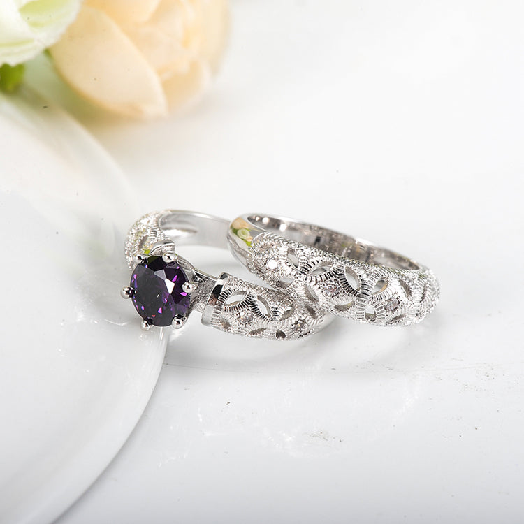 VPKJewelry Weddings Women's Austrian Crystal Band CZ Amethyst set of 2 rings