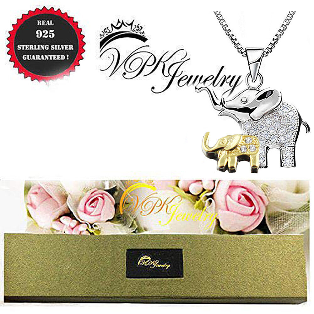 Mom @ Baby Elephant Necklace Crystal Real 925 silver Pendant 18k Gold plated