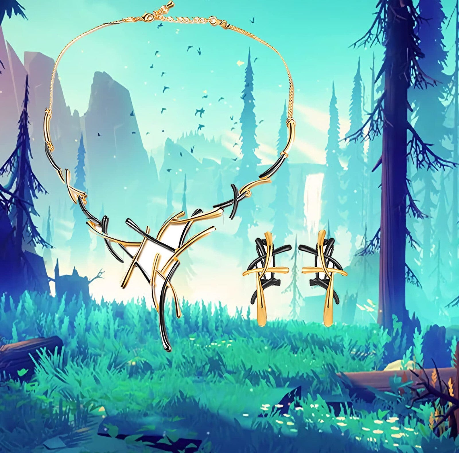 14k gold Earrings Necklace Yellow Black plated Women's Girls Love Set