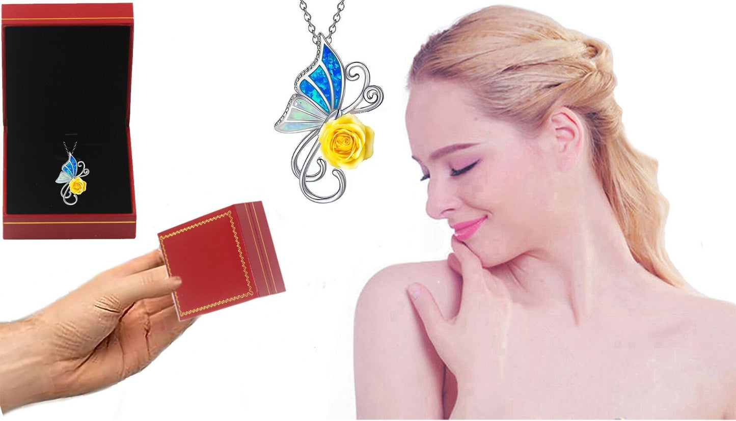 Butterfly Love Necklace Rose Pendant Chain Silver Plated box