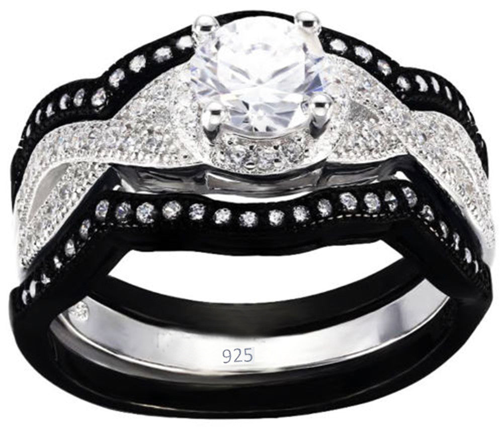 Real 925 Sterling Silver Wedding 3pc Cubic Zirconia set black and white Ring