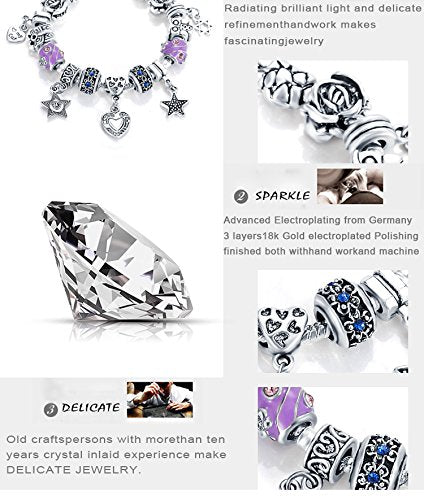 VPKJewelry Charm Bracelet Chain Hearts Stars Bead Austrian and Murano Crystal Silver Plated