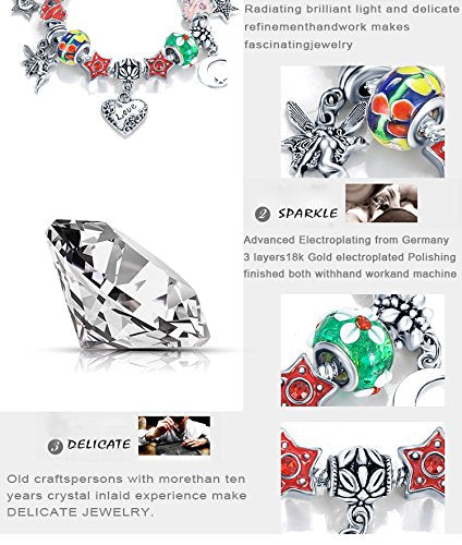 VPKJewelry Chain Crystal Heart Angel Bead Austrian and Murano Glass Charm Silver Bracelet