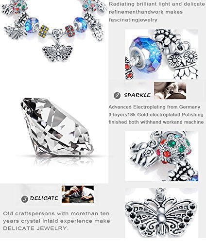 VPKJewelry Women Girls Murano and Austrian Crystal Charm Bracelet Bead Chain Animals Silver tone
