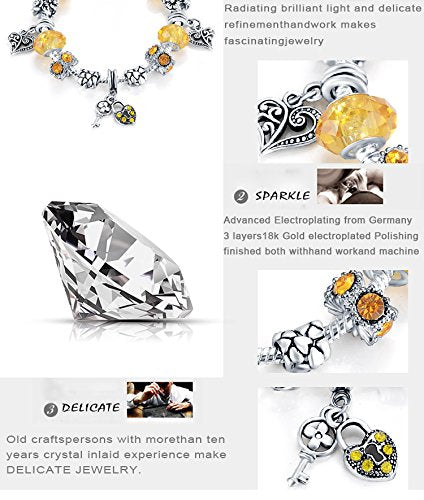 VPKJewelry Chain Crystal Lock Key Heart Bead Austrian and Murano Glass Silver Charm Bracelet