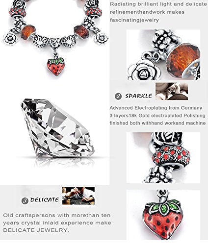 VPKJewelry Strawberry Murano and Austrian Crystal Charm Beads Chain Silver Plated Bracelet
