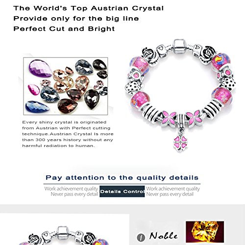 VPKJewelry Charm Bracelet Chain Austrian Crystal and Murano Glass Pink Flowers Bead Silver Plated